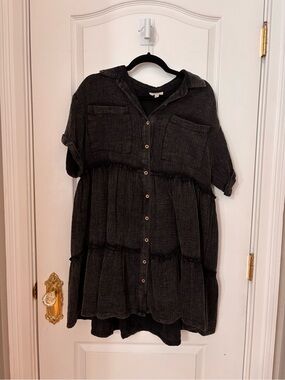 Umgee Black Mineral Wash Cotton Gauze Tiered Button Down Babydoll Dress S
